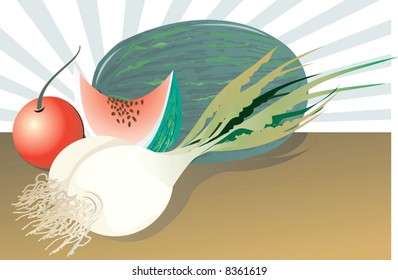 Illustration of watermelon, radish and tomato