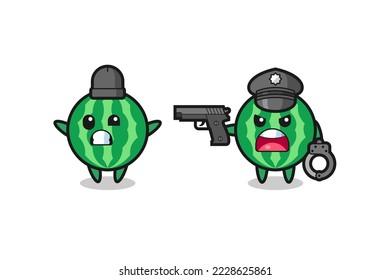 illustration of watermelon robber with hands up pose caught by police , cute style design for t shirt, sticker, logo element