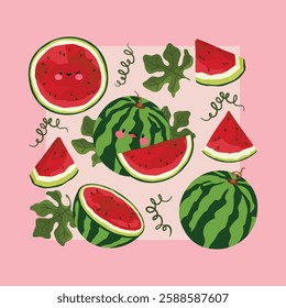 illustration of a watermelon, showcasing its vibrant green rind and juicy red interior with black seeds.