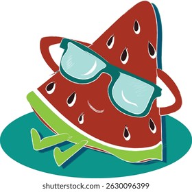 illustration of a watermelon. illustration of a watermelon slice character wearing sunglasses and relaxing