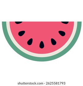 Illustration of a watermelon slice with pink flesh, black seeds, and green rind.