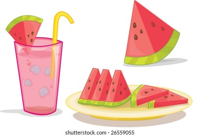 an illustration of watermelon slices and a tropical drink