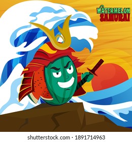 Illustration watermelon use costum samurai on the sea japanese style. Design good for poster and T-shirt screen printing clothes design.