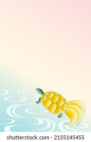 Illustration with waterside turtle and flowing water pattern. Vertical type. Vector illustration.
