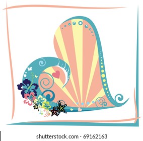 illustration with wave, butterfly, hibiscus and starfish in a heart shape