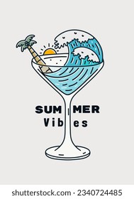 An Illustration of the wave and coconut tree inside of cocktail high glass. summer time theme vector art. design for t-shirt, badge, and sticker vector illustration