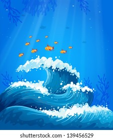 Illustration of a wave and fishes under the sea