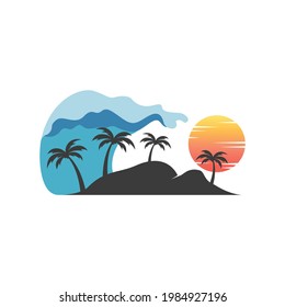 Illustration Wave Island Landscape Logo. Summer beach tropic destination and vacation tourism resort.