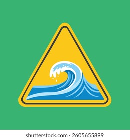 Illustration of wave within a yellow triangle, green background, warning sign