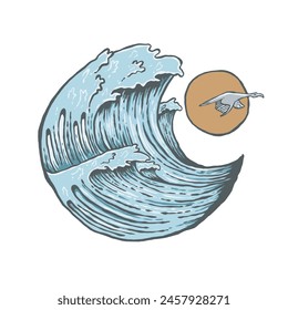 Illustration of waves and fliying birds perfect for your brand