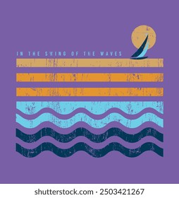 Illustration of waves in graphic style with sailboat on the horizon. Art for prints on t-shirts, decoration, etc.