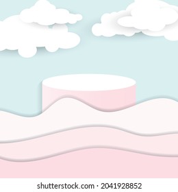Illustration of waves on abstract night sky background with circle stage podium and empty space. paper cut style vector illustration