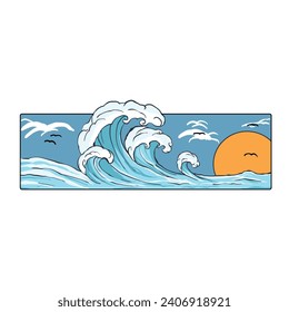 illustration of waves and sunset in the background