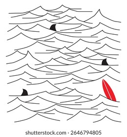 illustration of waves, surfboard and shark fin on white background. suitable for background, design element or clothing needs