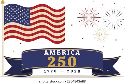 Illustration of waving American flag with blue banner reading 'America 250' and fireworks on beige background with stars