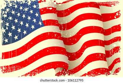 illustration of waving American Flag with grungy border