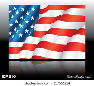 illustration of waving American Flag on dark background with mirror effect