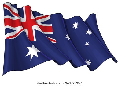 Illustration of a waving Australian flag against white background