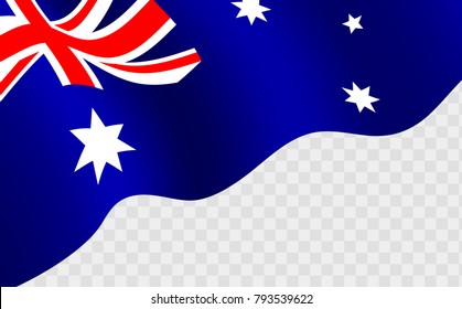 Illustration of a waving Australian flag against transparent background. Happy Australia day 26 january festive background with flag. Template design layout for card, banner, poster, flyer, card