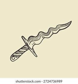 Illustration eines welligen Dolchs mit strukturiertem Griff. Die einzigartige Wellenklinge des Dolches verleiht dem Ganzen eine künstlerische Note. Dolch-Design ist einfach, aber auffällig. Illustrationsvektor für Hexerei.