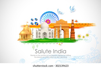 illustration of wavy Indian flag with monument