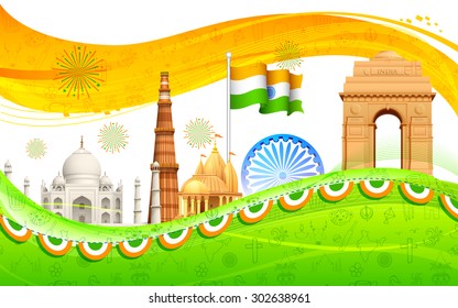 illustration of wavy Indian flag with monument