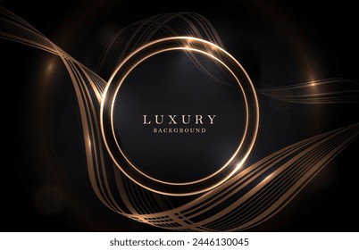 Illustration with a wavy pattern and a round frame in a gold, copper tone on a black background.