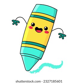Illustration of a wax crayon in the Kawaii style, smiling and drawing a stroke, design for t-shirt, clipart