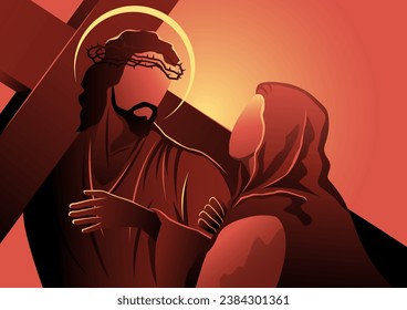 An illustration of way of the cross or stations of the cross, fourth station, Jesus meets his blessed mother, Mary. Biblical series