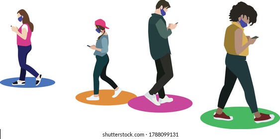 Illustration of a way how new normal citizen will walk on street while keeping social distancing