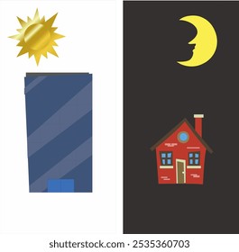 an illustration of we work at the day at the office and rest at the night at home