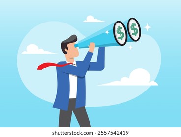 An illustration of wealthy businessman investor look through binoculars to see money dollar sign. Looking for investment opportunity, dividend or profit in stock market concept