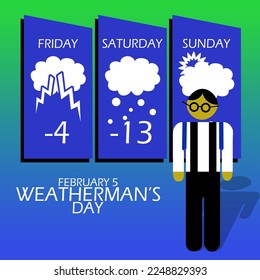 Illustration of a weather announcer and weather indicator screens with bold text on gradient background to commemorate Weatherman's Day on February 5