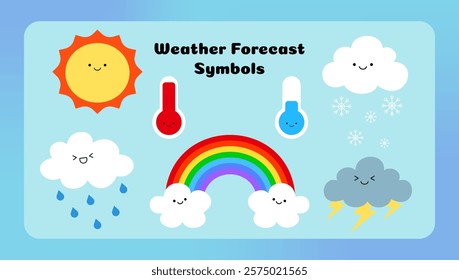 illustration of Weather forecast symbols emoticon character flat icon set.