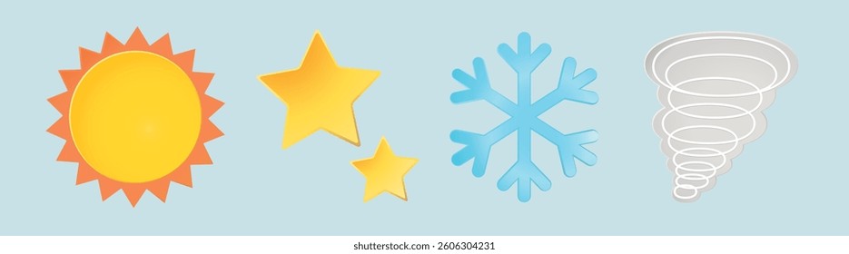 Illustration of weather symbols: sun, stars, snowflake, and tornado. Bright sun, glowing stars, icy snowflake, swirling tornado. Weather icons on light blue. Nature illustrations, element vector set.