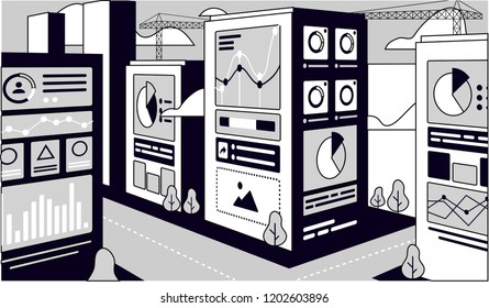 illustration of web development buildings with graphics and interface elements in black and white