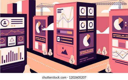illustration of web development buildings with interface elements
