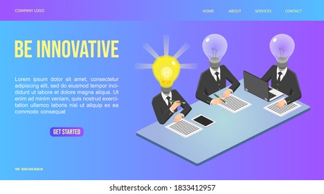 Illustration Web Isometric, Lamp Man Meeting and Found Idea, Innovative Person