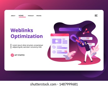 Illustration Web links Optimization, the concept of men is using links for promotion on the web, Can be used for landing pages, web, UI, banners, templates, backgrounds, flyers, posters. Modern Vector