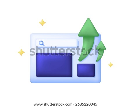 Illustration of a web page or browser symbol with an upward arrow. Website development concept. Browser upgrades and updates. optimization. 3D style design. White background.