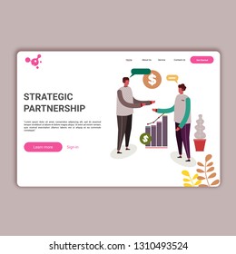 Illustration for web page or landing page, flat design style, two men talking about business