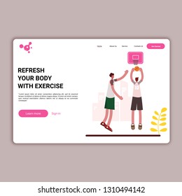 Illustration for web page or landing page, flat design style, two people are playing basketball in the park