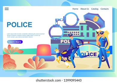 Illustration of the web page, police department on the background, corresponding professional attributes, police car and policemen with a service dog doing their official duties.