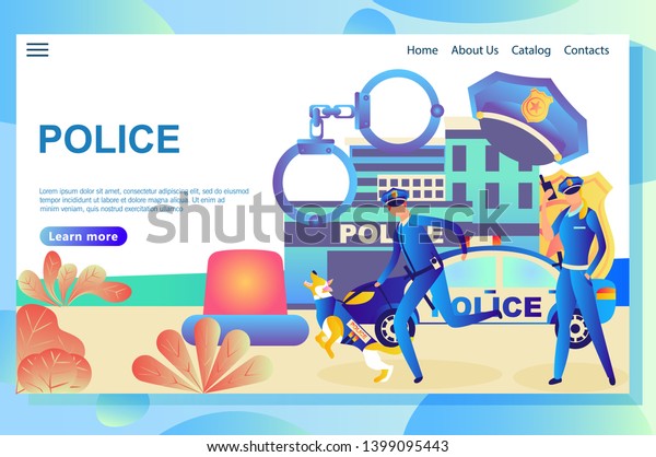 Illustration of the web\
page, police department on the background, corresponding\
professional attributes, police car and policemen with a service\
dog doing their official\
duties.