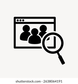 Illustration of a web page with three user icons and a magnifying glass. Represents online search, user profiles, and digital browsing. Simple black and white design. User interface icon vector.