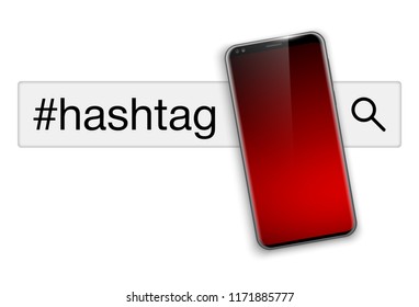 illustration web search by hashtag on mobile phone isolated on white background. Banner with smartphone search engine browser by hashtag
