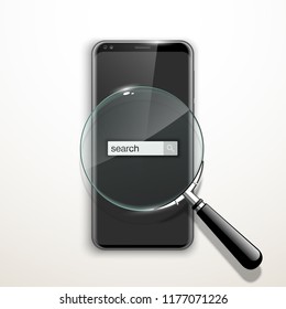 illustration web search by hashtag on mobile phone isolated on white background. Banner with smartphone search engine browser by hashtag