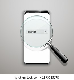 illustration web search by hashtag on mobile phone isolated on white background. Banner with smartphone search engine browser by hashtag