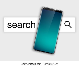 illustration web search by hashtag on mobile phone isolated on white background. Banner with smartphone search engine browser by hashtag