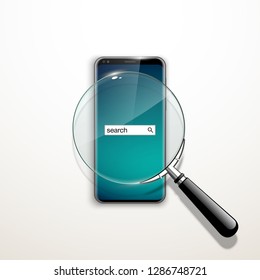 illustration web search by hashtag on mobile phone isolated on white background. Banner with smartphone search engine browser by hashtag